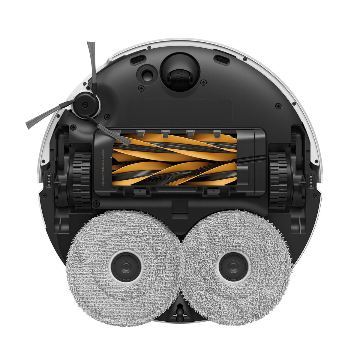 Underside of the MOVA V50 Ultra Complete robot with anti-tangle brush and two spinning mop pads
