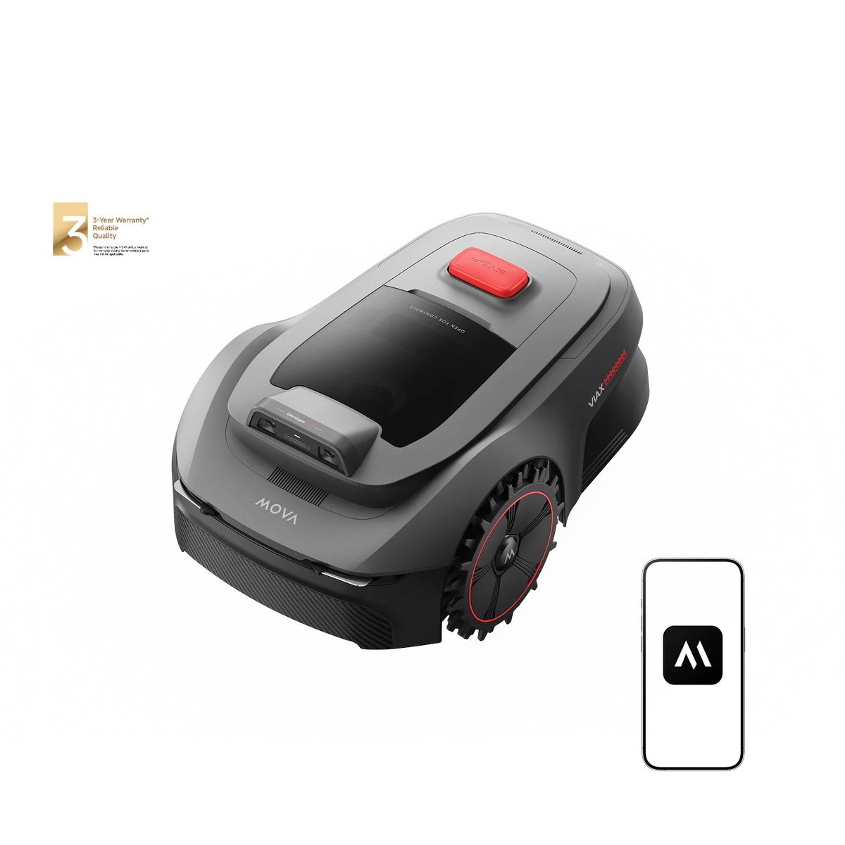 MOVA ViAX 300 robot lawn mower shown at an angle with an award badge and the MOVA app on a phone