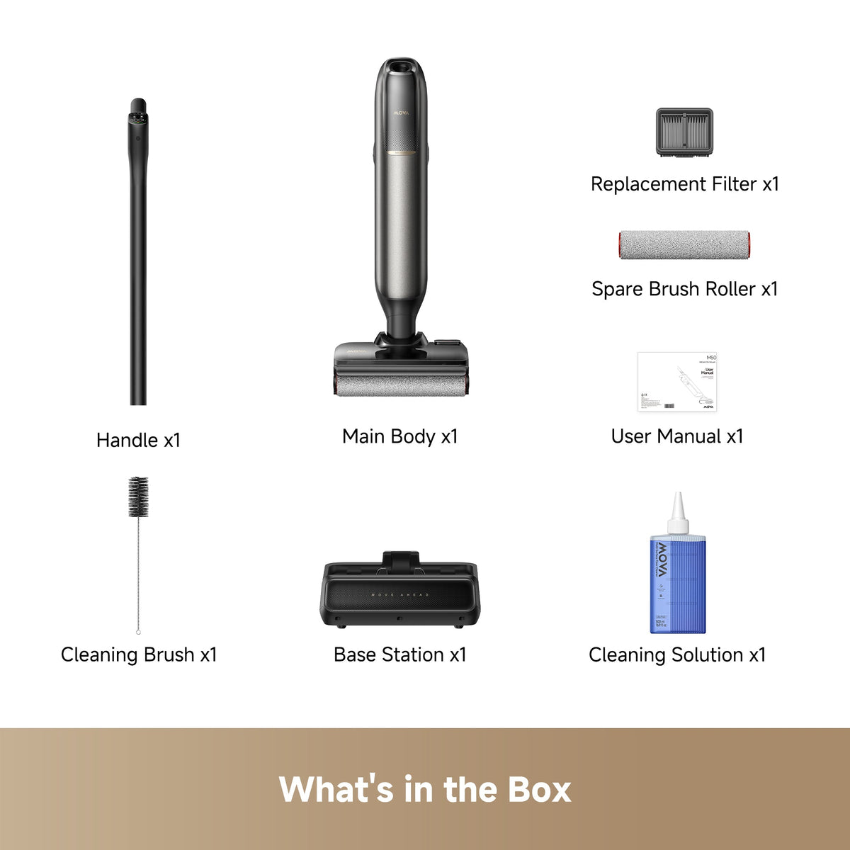 What's in the box for the MOVA M50 wet and dry vac: body, handle, base station, filter and spare roller