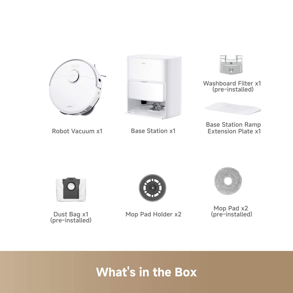 MOVA Robot vacuum package contents including self-emptying base station, dust bag, dual mop pads, mop pad holders, washboard filter, and base station ramp extension plate.