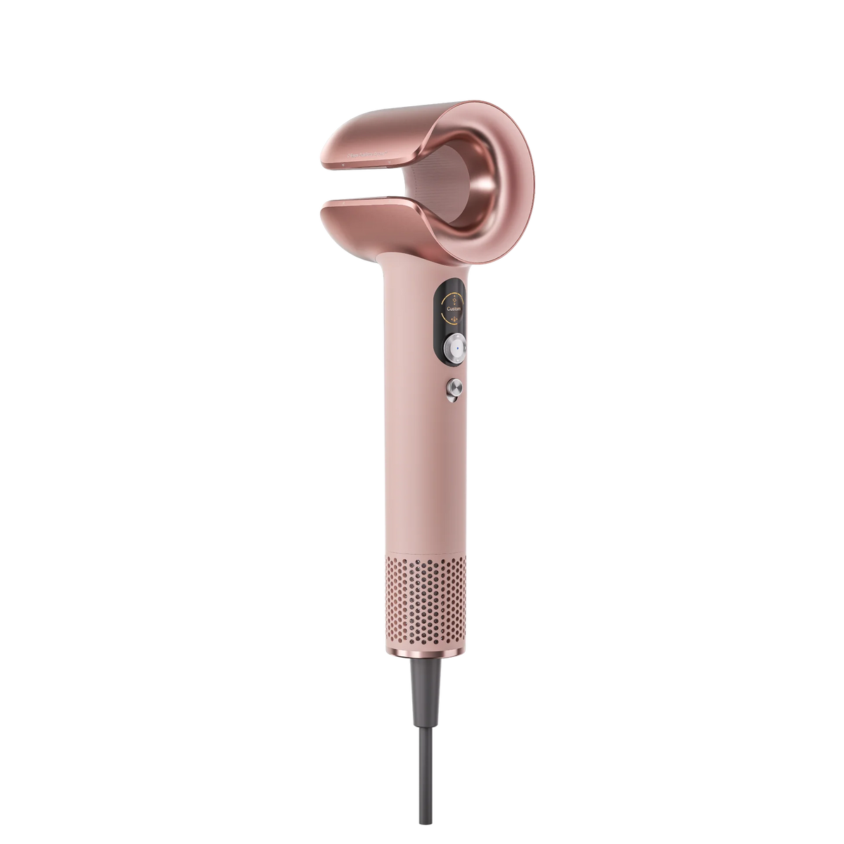 Front view of the pink MOVA Aero C hair dryer showing the control buttons set into its slim handle
