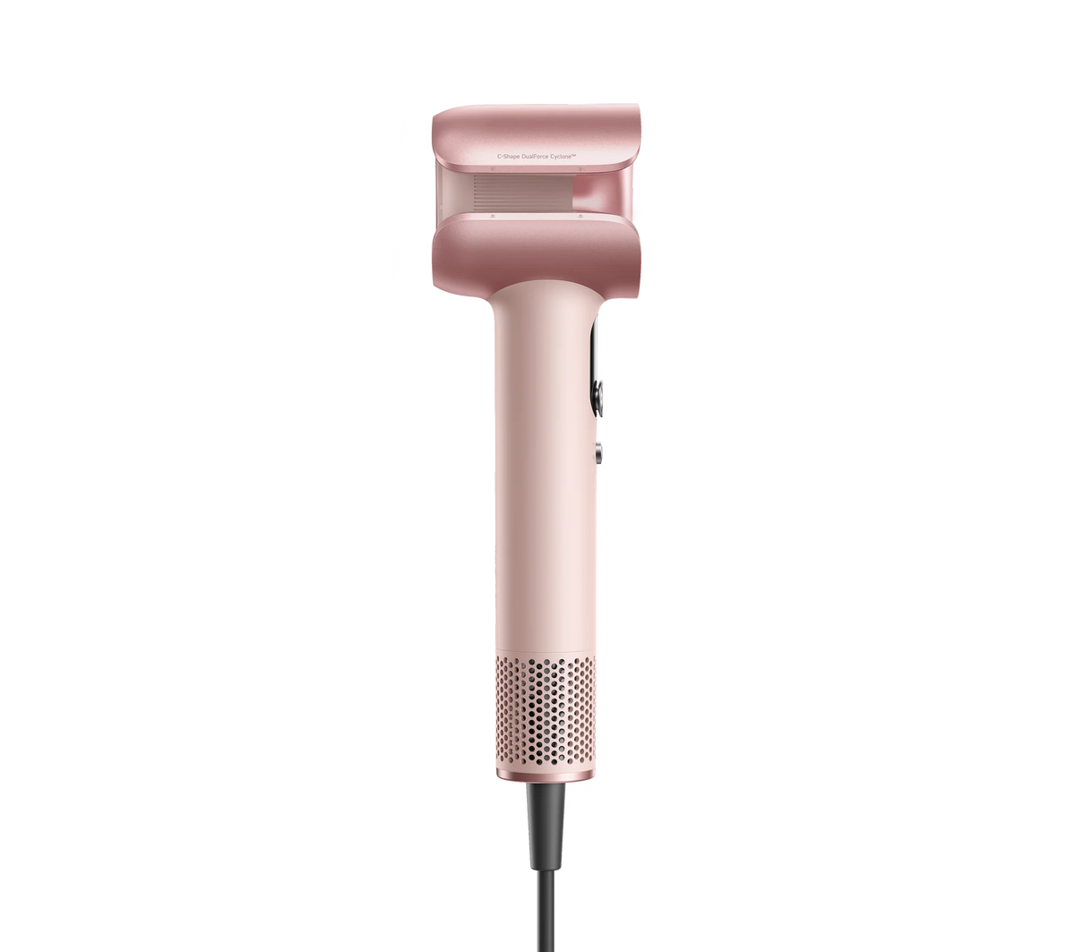 Three-quarter rear angle of the MOVA Aero C hair dryer in pink with its rose gold curved nozzle
