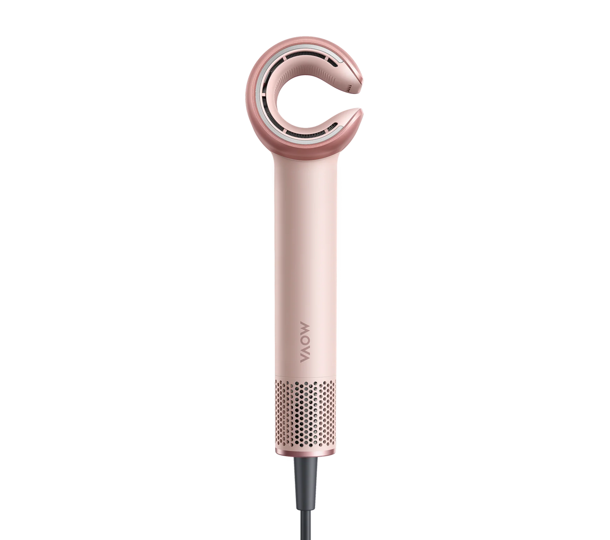 Back of the MOVA Aero C hair dryer's rose gold C-ring attachment above the textured filter cuff