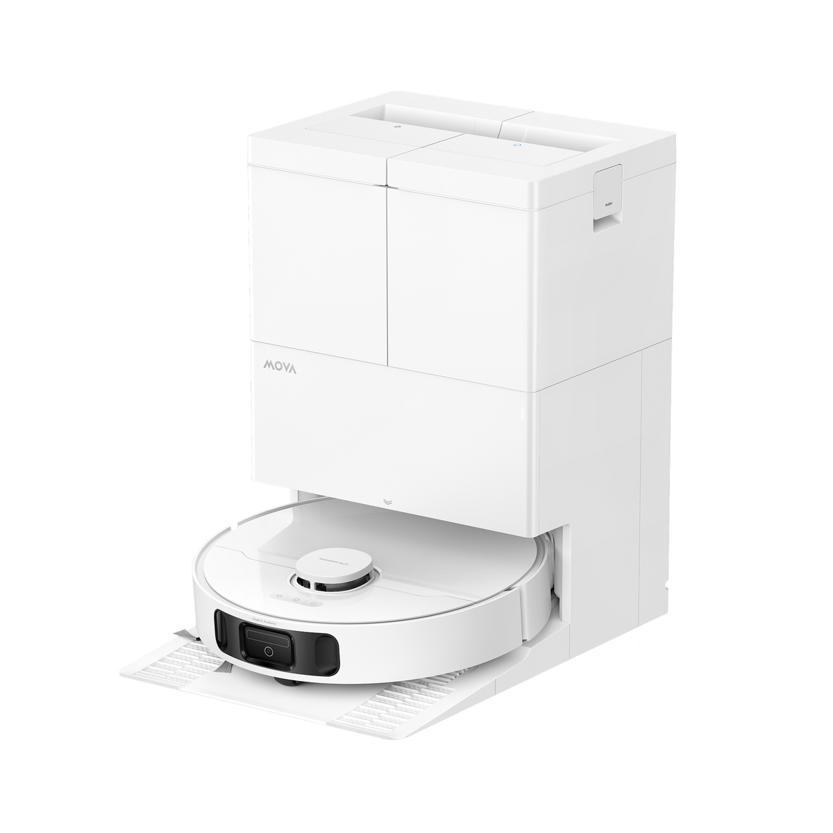 MOVA E50 Pro Ultra robot vacuum docked in its tall white base station, seen at a three-quarter angle