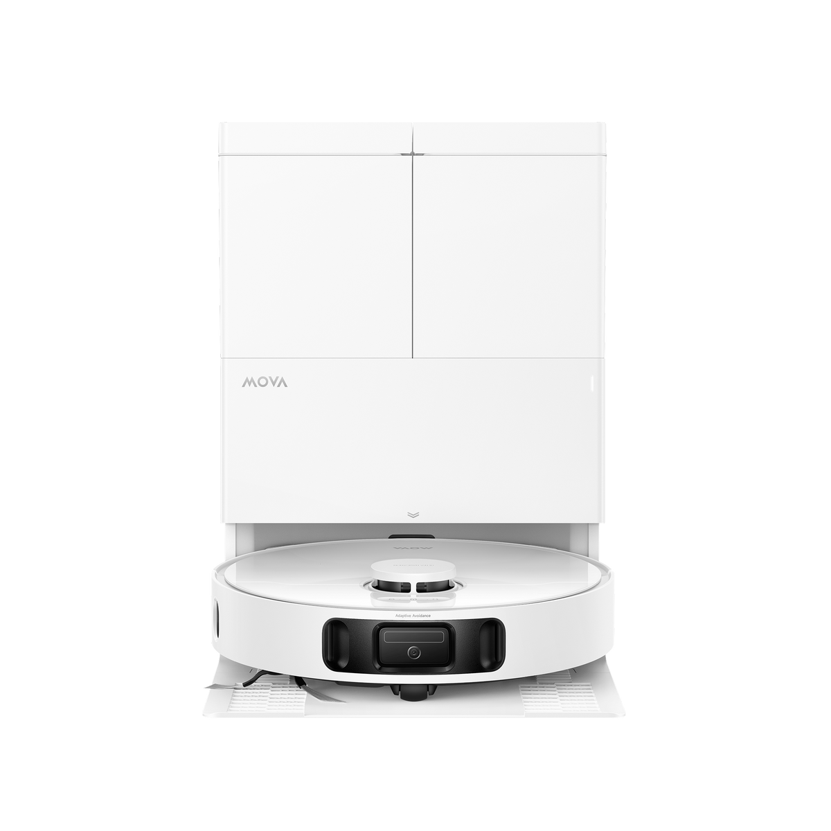 Front view of the MOVA E50 Pro Ultra all-in-one dock with the robot vacuum parked inside on the ramp