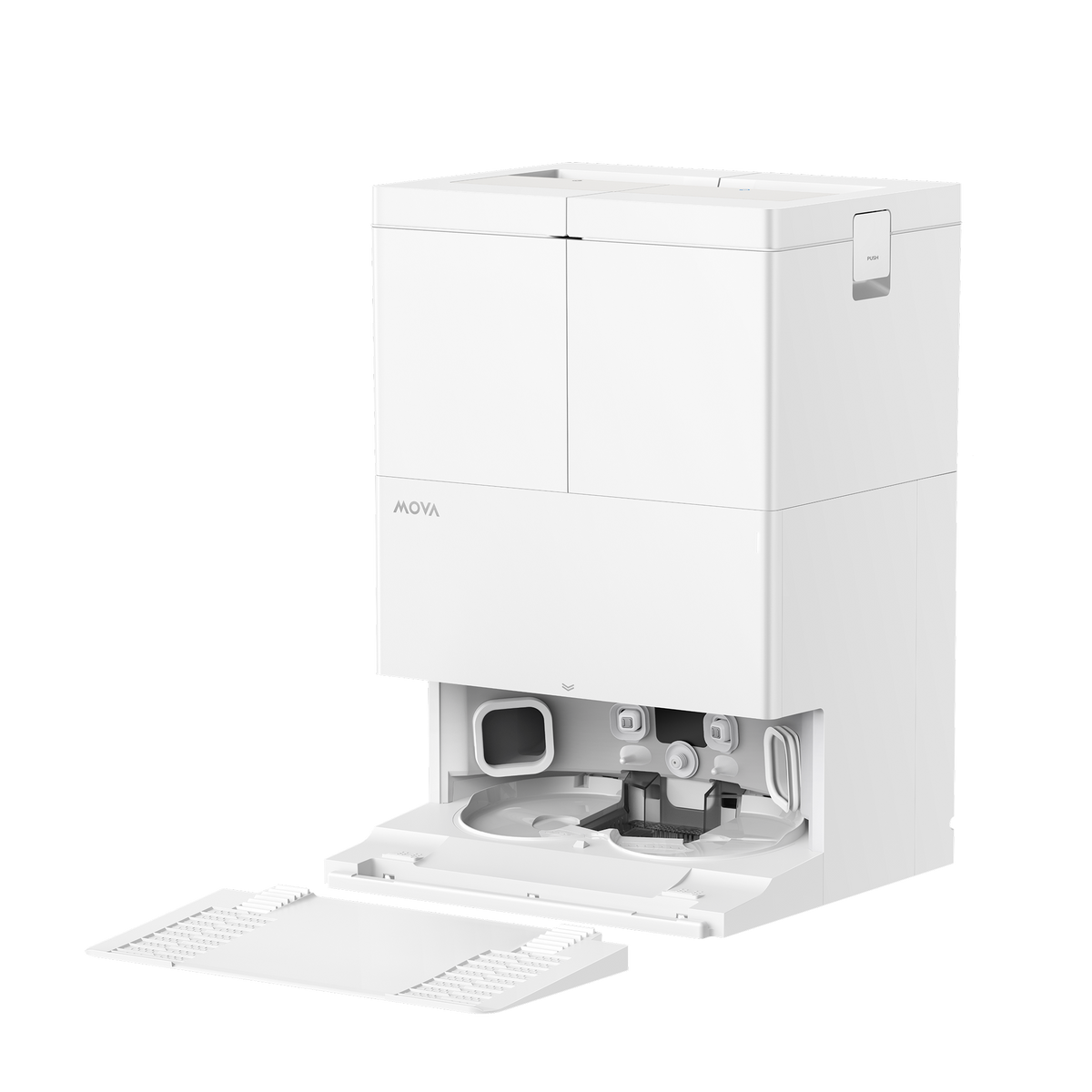 MOVA E50 Pro Ultra base station with its front cover removed, exposing the mop washing tray inside