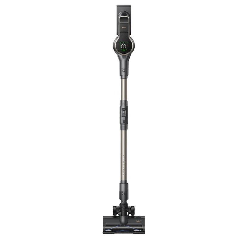 MOVA S2 cordless stick vacuum standing upright in dark grey with slim wand and motorised floor head