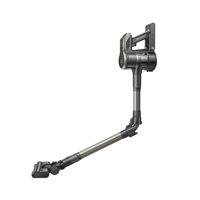 MOVA S2 cordless stick vacuum tilted low to reach beneath furniture with its wand fully extended