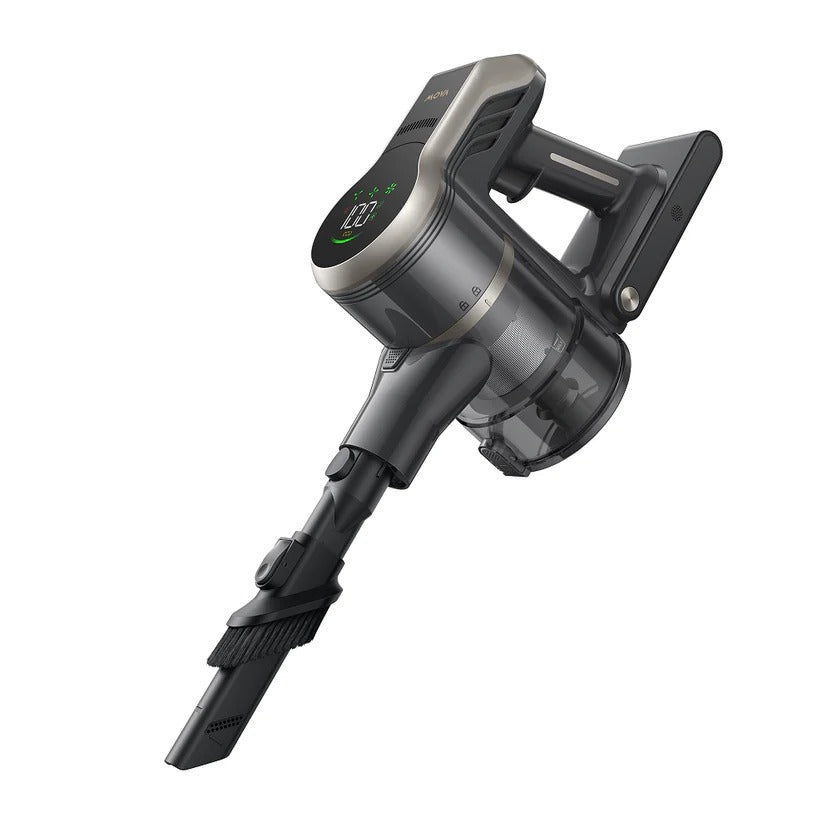MOVA S2 vacuum in handheld mode with the crevice tool fitted and its green LED display lit