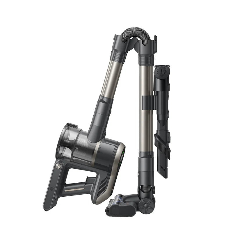 MOVA S2 cordless vacuum with its full set of tools and wand laid out on a white background