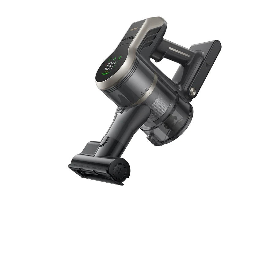 MOVA S2 handheld vacuum unit with the combination brush tool attached and battery display showing