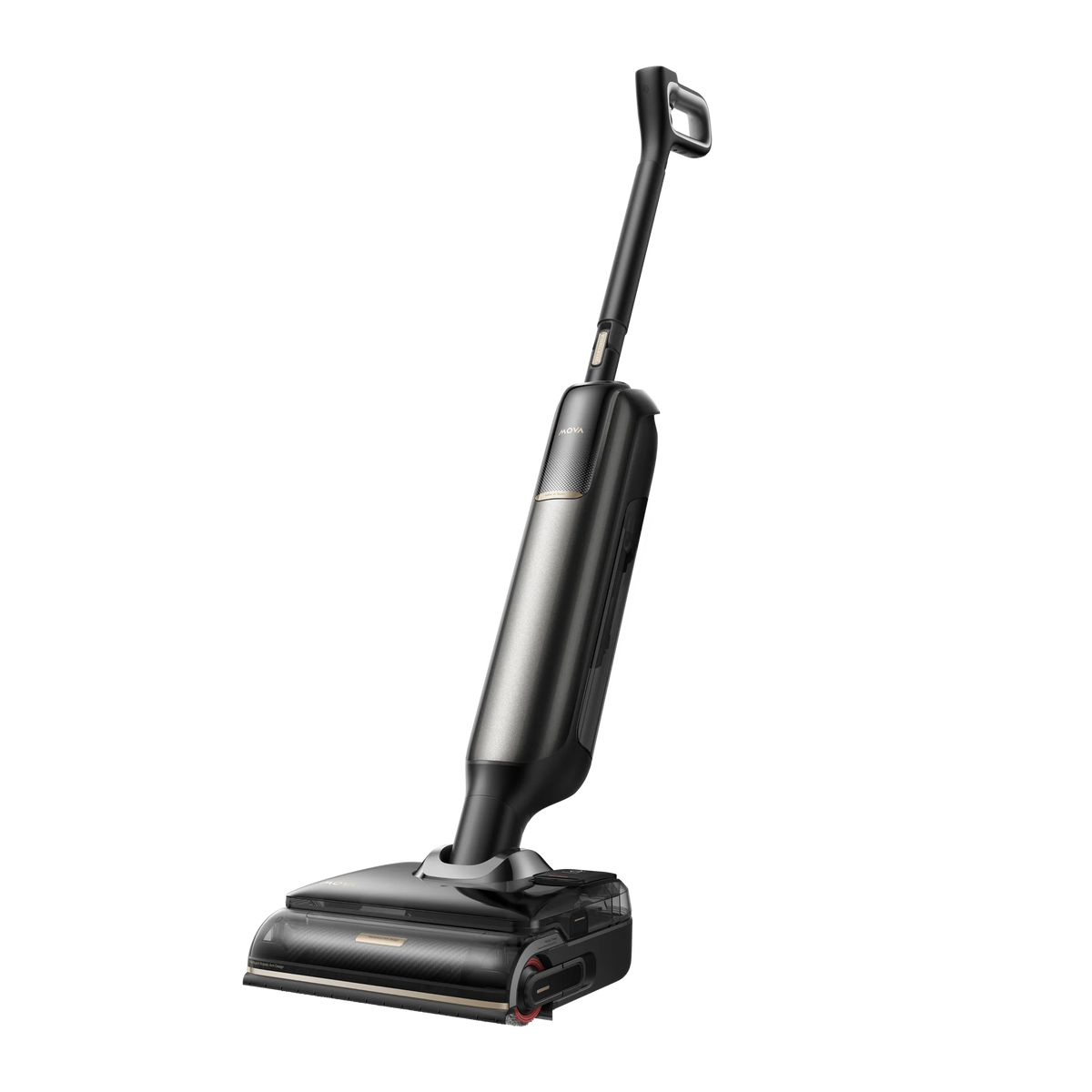 MOVA M50 Ultra wet and dry vacuum from the right, with its water tank and brushed metal shaft in view