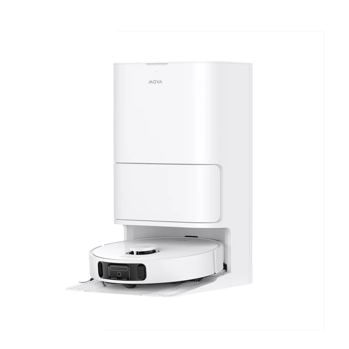 MOVA E30 Ultra robot vacuum docked in its white auto-empty base station, three-quarter view