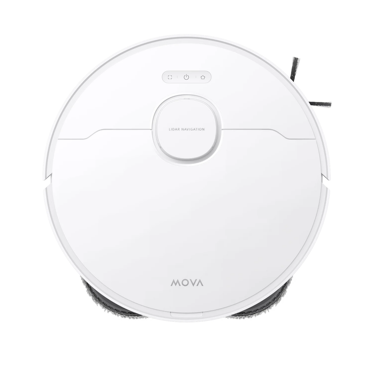 Top view of the round white MOVA E30 Ultra robot vacuum with its LiDAR turret and side brush