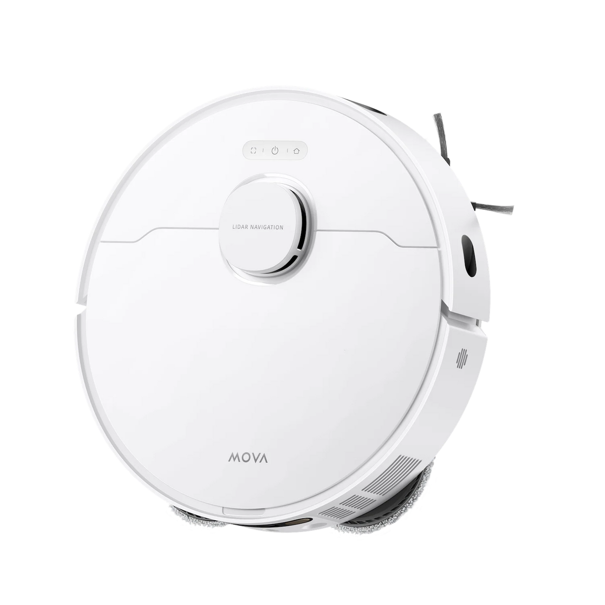 MOVA E30 Ultra robot vacuum at a low angle, with its front camera sensor and bumper in view