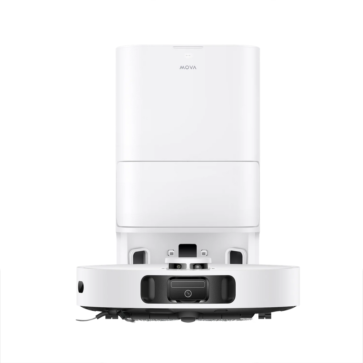 MOVA E30 Ultra robot vacuum and base station photographed head-on as a complete cleaning system