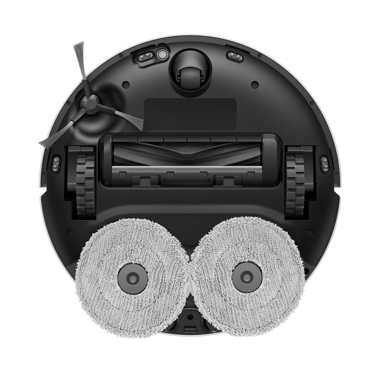 Underside of the MOVA E30 Ultra robot showing its main brush bar and twin round mopping pads