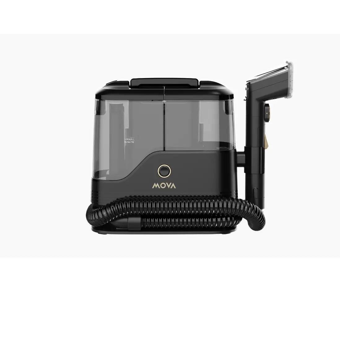 MOVA C10 spot cleaner in black with twin clear tanks, coiled hose and handheld upholstery nozzle