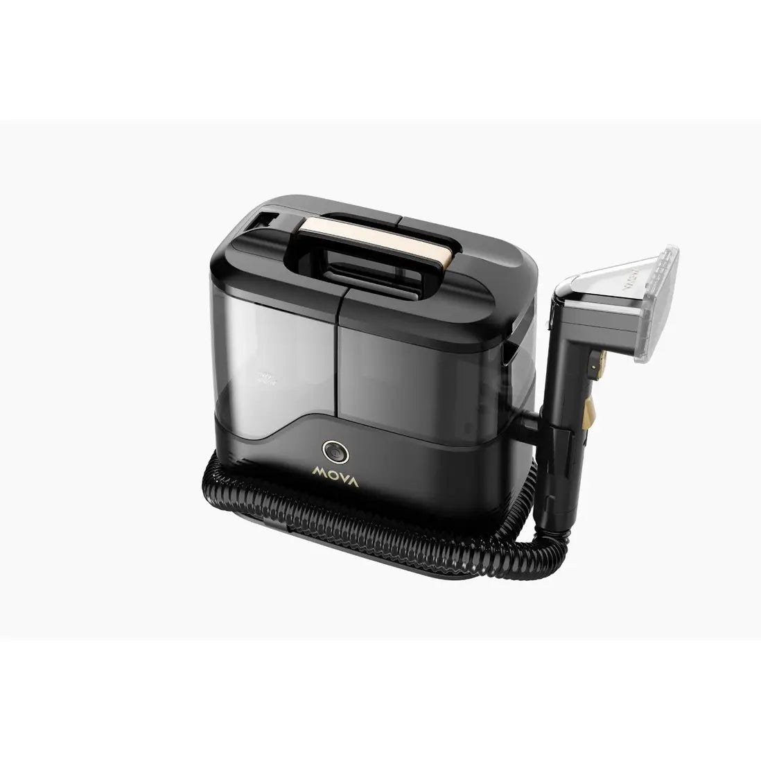 Angled view of the MOVA C10 spot cleaner showing its carry handle, dual tanks and gold-trimmed nozzle