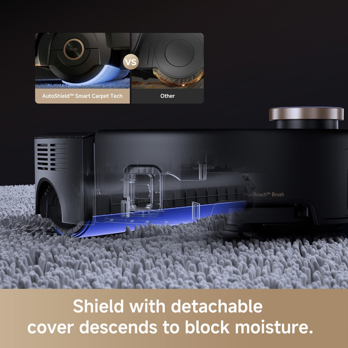 MOVA Z60 robot vacuum with AutoShield carpet protection technology, lowering a moisture-blocking shield to keep carpets dry while mopping and cleaning hard floors.
