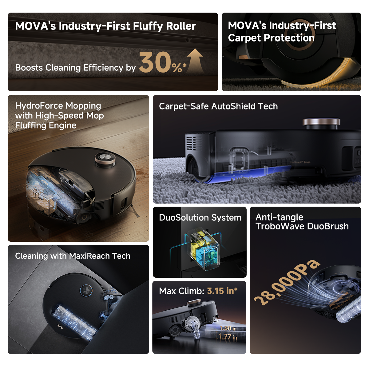 Feature overview of the MOVA Z60 robot vacuum highlighting a fluffy roller brush, 28,000Pa suction, HydroForce mopping, anti-tangle DuoBrush, carpet protection, edge cleaning, obstacle navigation, and 80 mm threshold climbing.