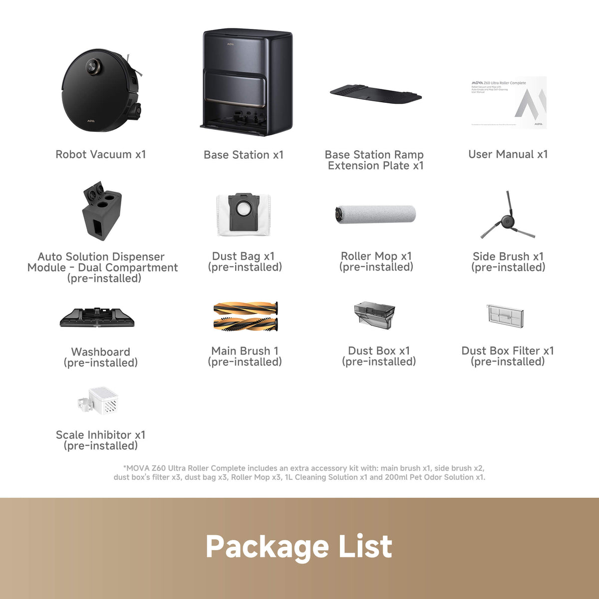 MOVA Z60 robot vacuum package contents including self-emptying base station, roller mop, anti-tangle main brush, side brush, dust bag, dust box, filter, solution dispenser, and user manual.