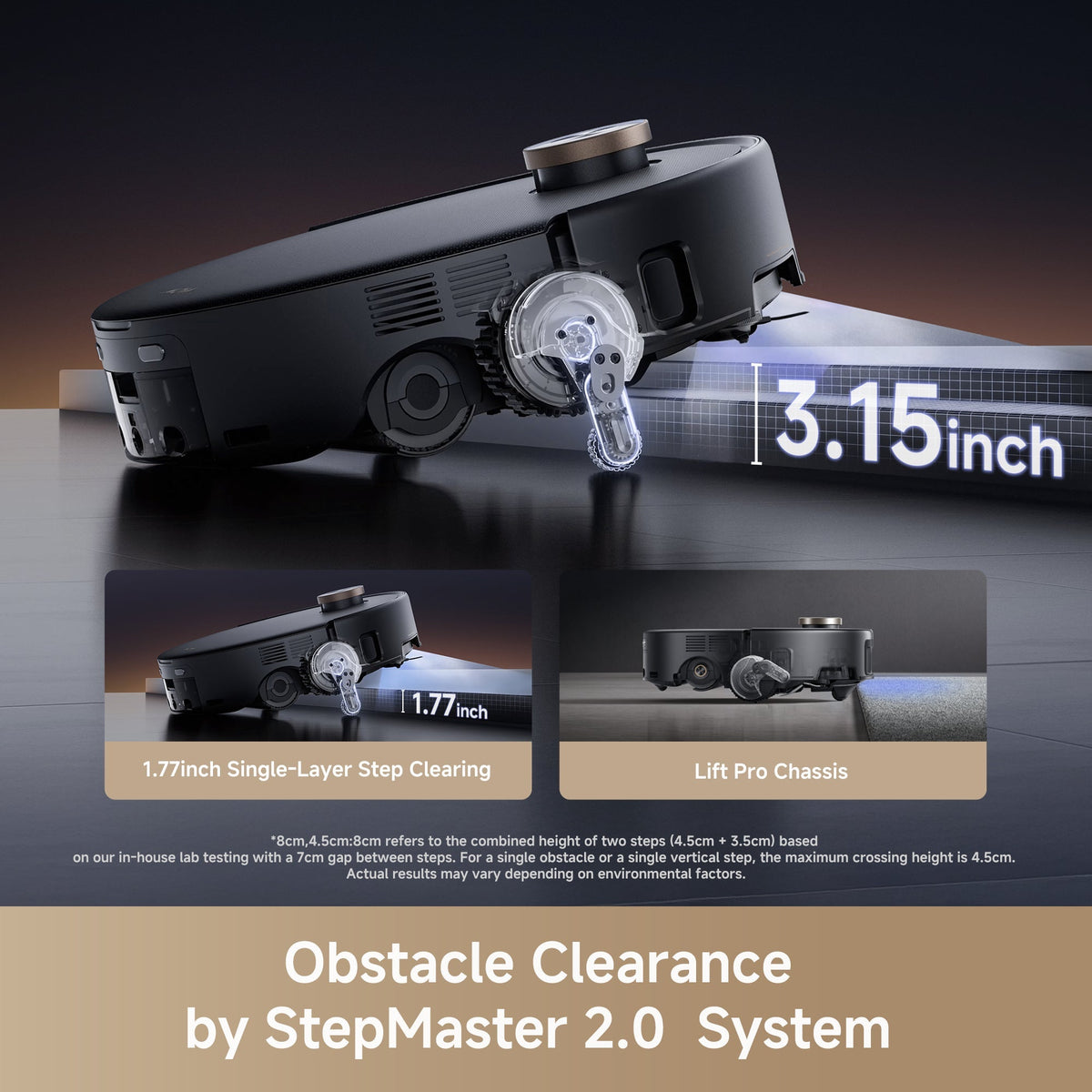 MOVA Z60 robot vacuum with StepMaster 2.0 technology and Lift Pro chassis, climbing thresholds up to 80 mm for seamless cleaning across rooms and floor levels.