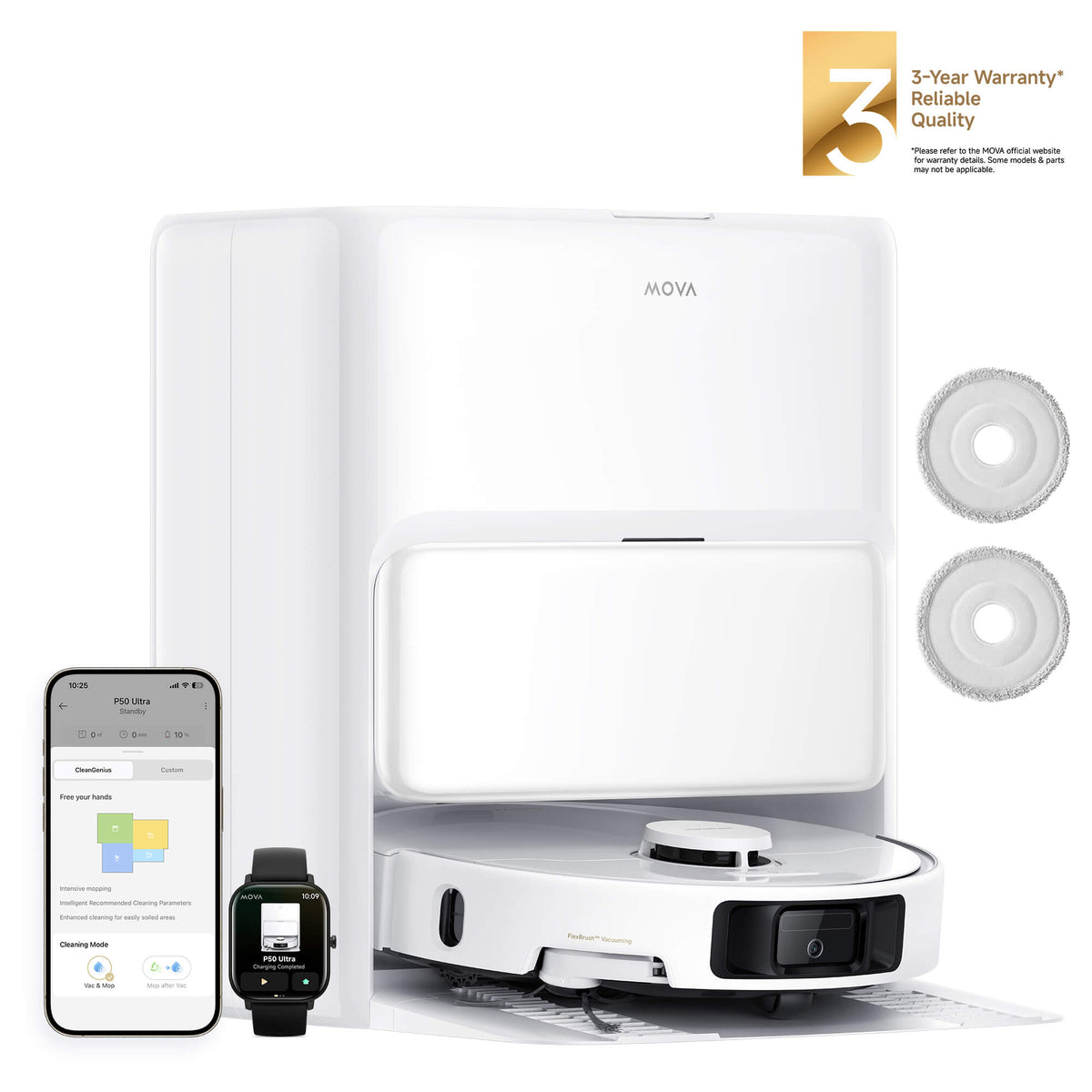 MOVA robot vacuum with self-emptying dock, app and smartwatch controls, dual mop pads, LiDAR navigation, and 3-year warranty for automated floor cleaning.