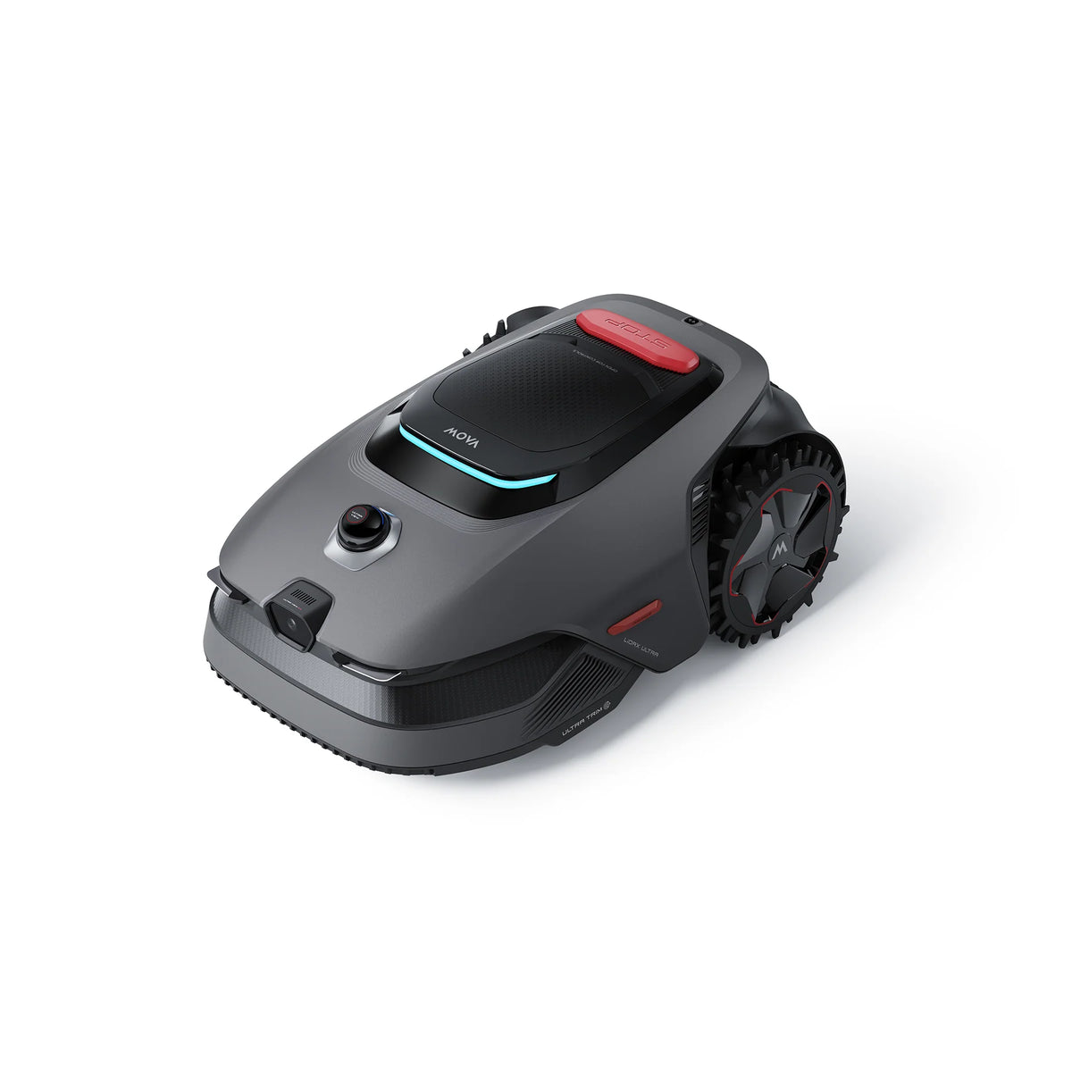 Three-quarter front view of the MOVA LiDAX Ultra 800 robot mower in grey with its red stop button