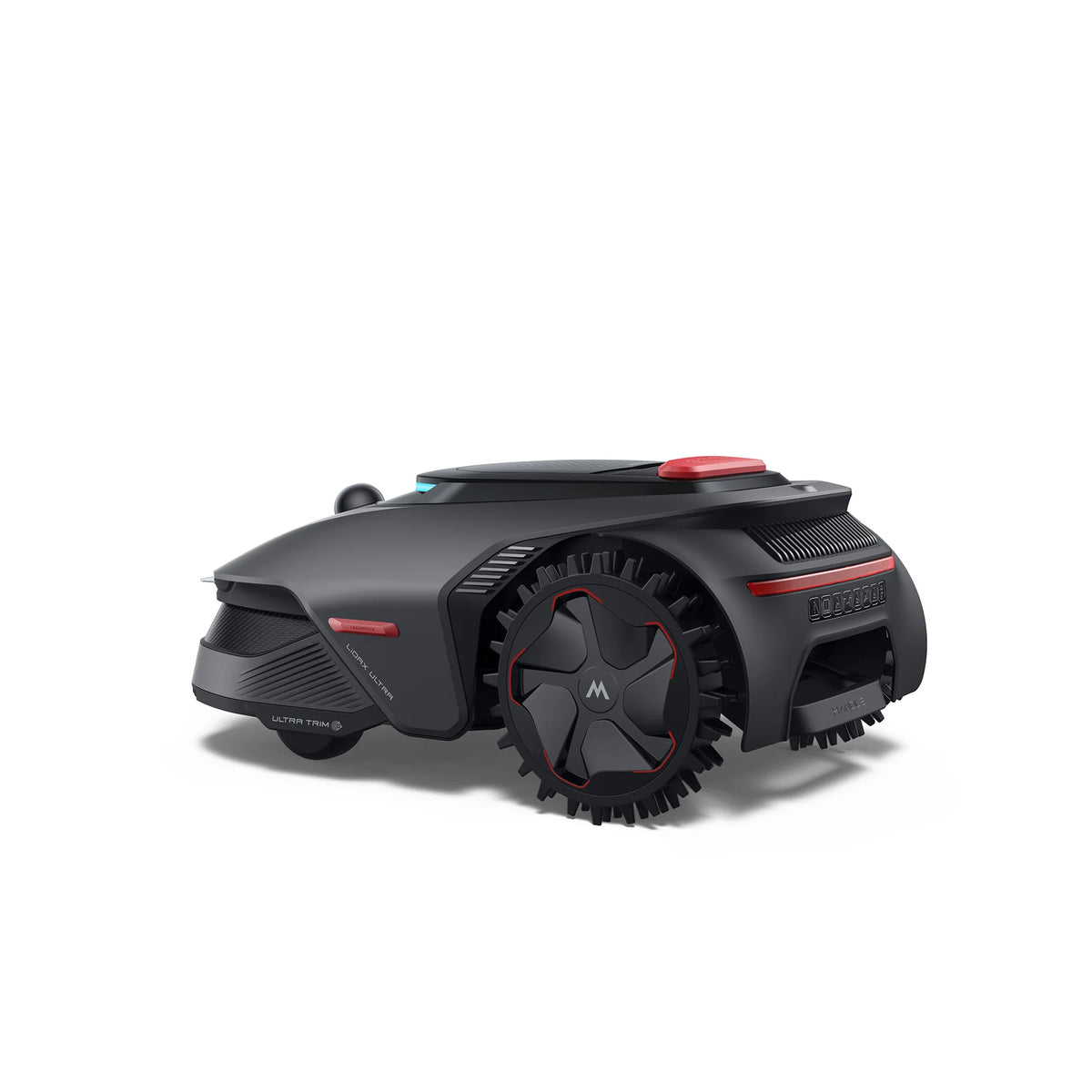 Low side view of the MOVA LiDAX Ultra 800 robot mower highlighting its large treaded drive wheel