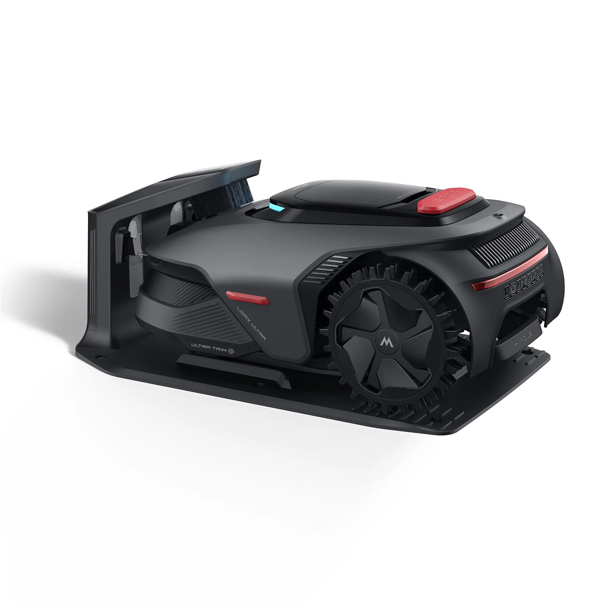 MOVA LiDAX Ultra 800 robot mower reversing onto its charging station, seen from the side