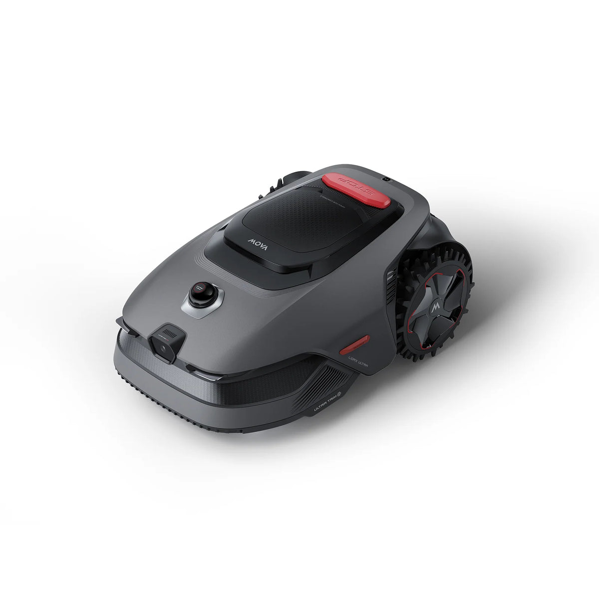 MOVA LiDAX Ultra 800 robot lawn mower at a three-quarter angle, grey body with red top handle