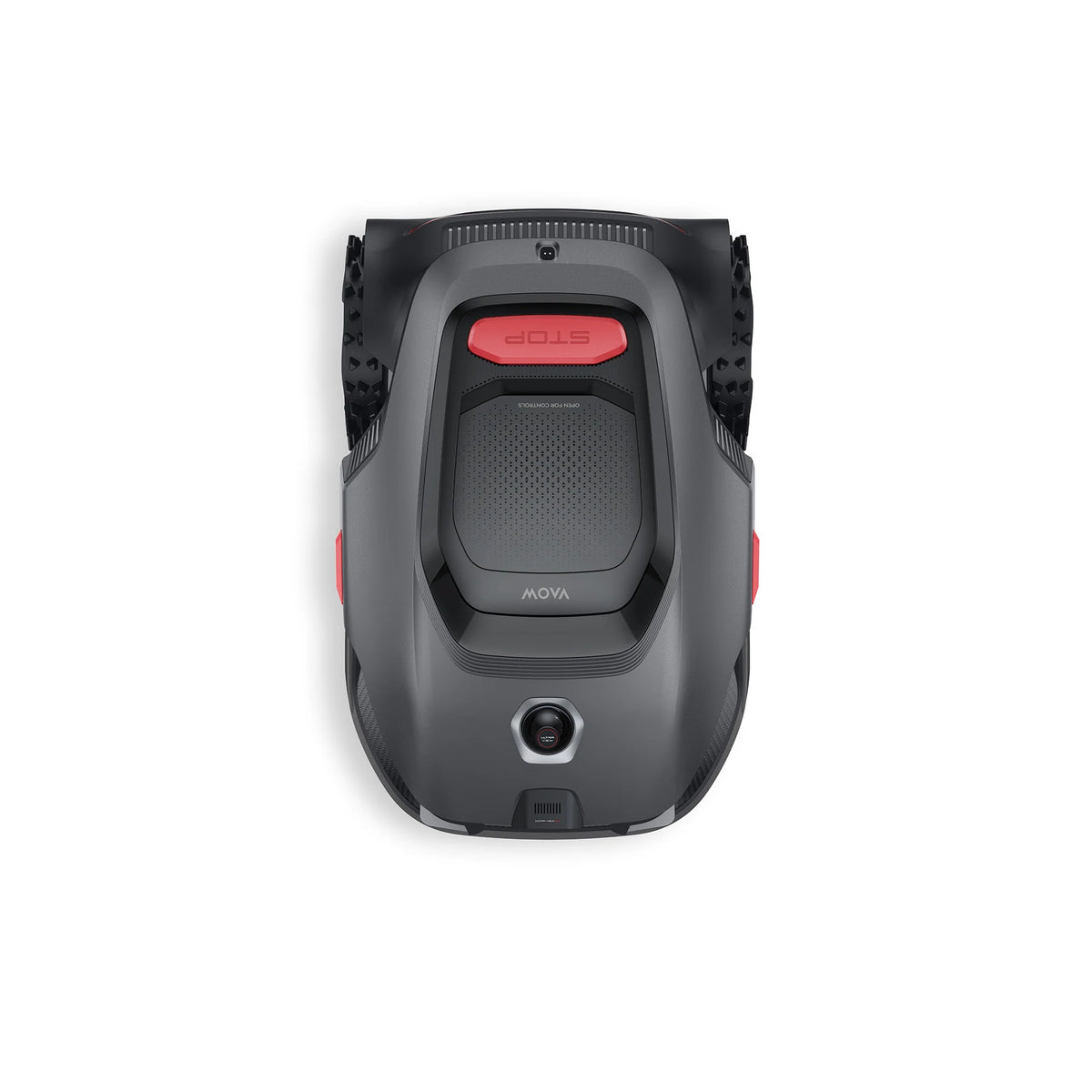 Top-down rear view of the MOVA LiDAX Ultra 800 robot mower with red stop button and lift handle