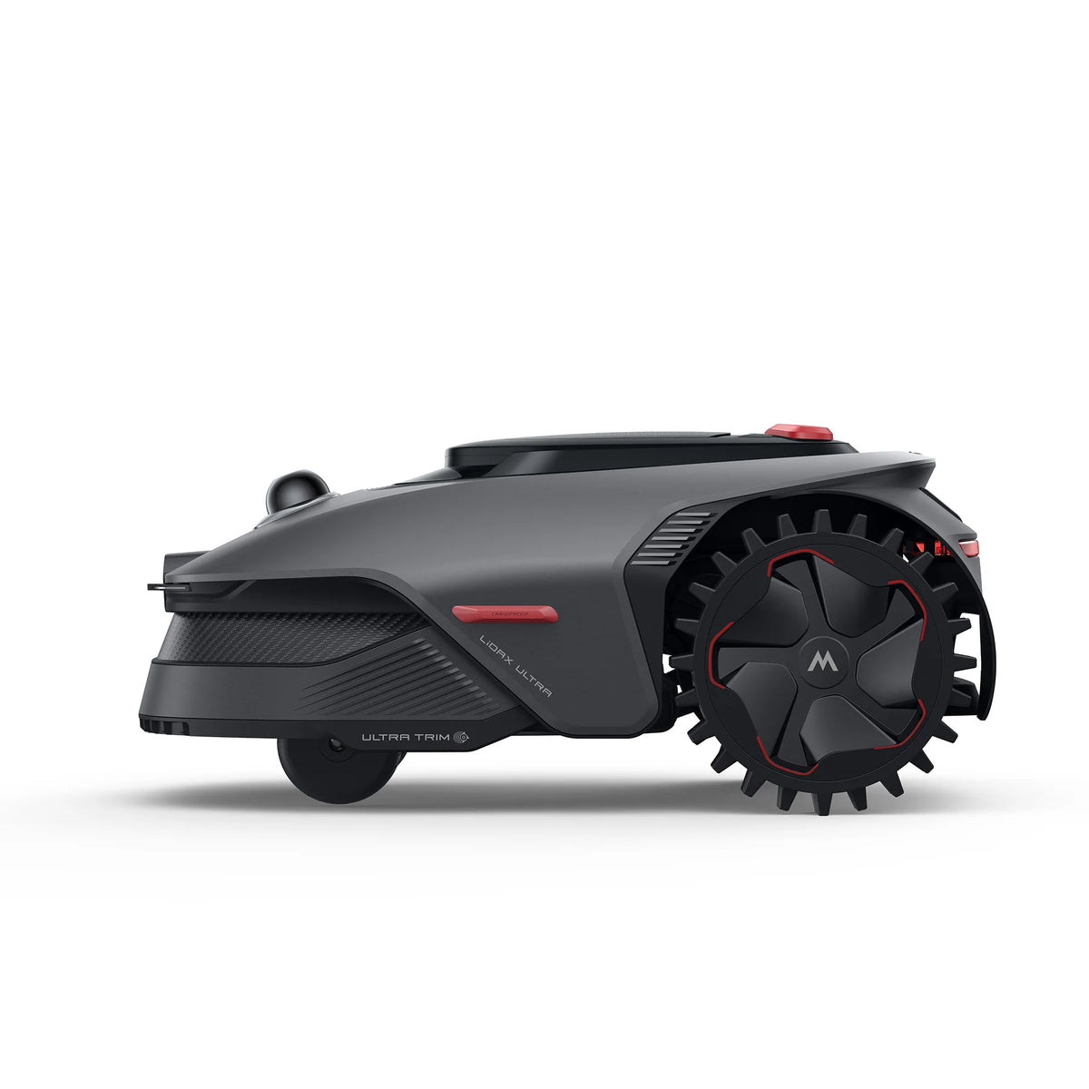 Side profile of the MOVA LiDAX Ultra 800 robot mower showing its deep-tread rear drive wheel