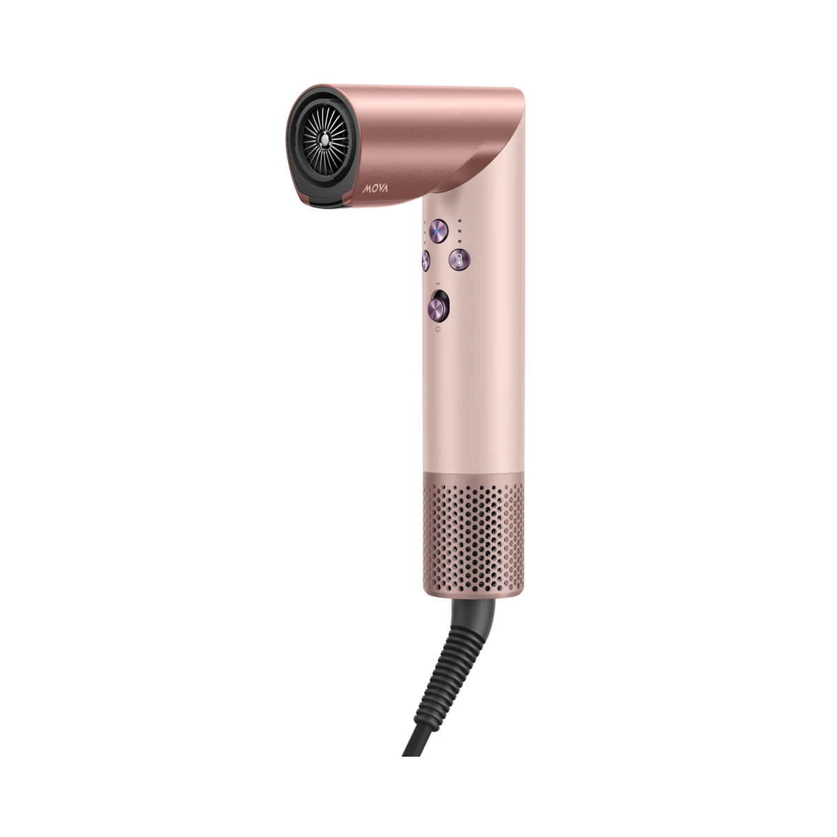 Close-up of the pink MOVA Master 10 hair dryer head with control buttons and rose gold filter cuff