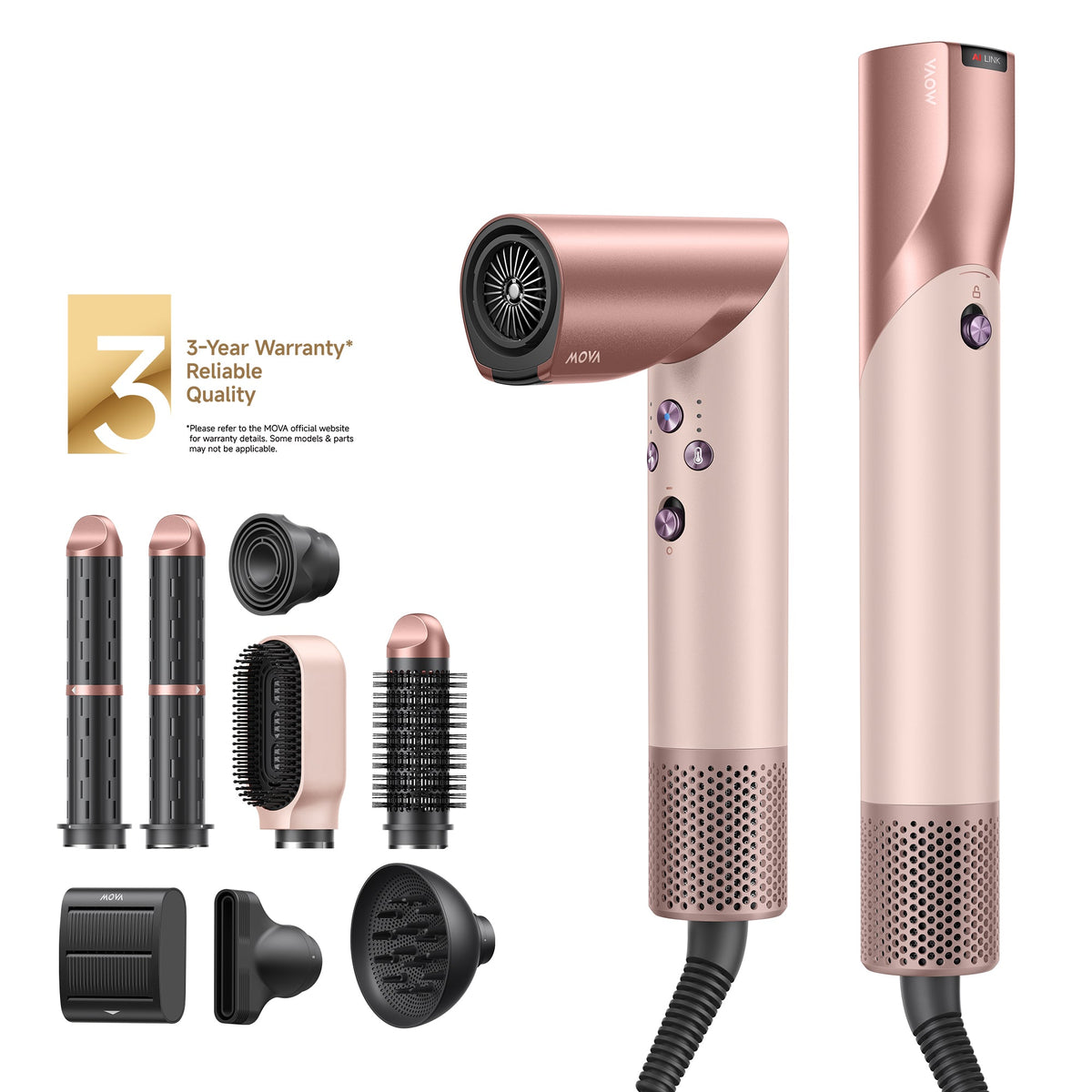 Pink MOVA Master 10 hair dryer and styler with the full attachment set and three-year warranty badge