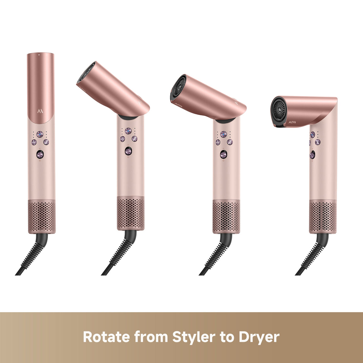 Four views of the pink MOVA Master 10 rotating from styler into hair dryer configuration