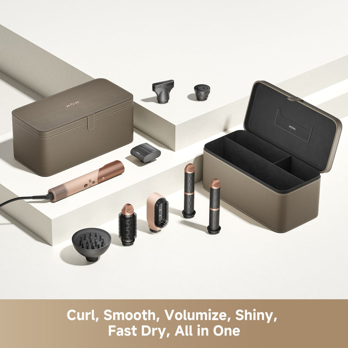 MOVA Master 10 hair dryer and styler set with attachments beside its champagne storage case