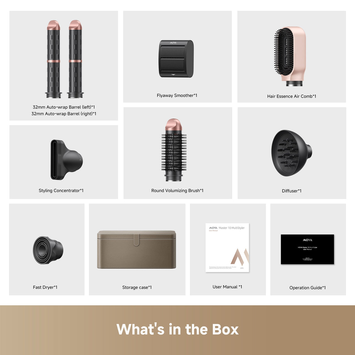 What's in the box for the MOVA Master 10: barrels, brushes, concentrator, diffuser, case and manual