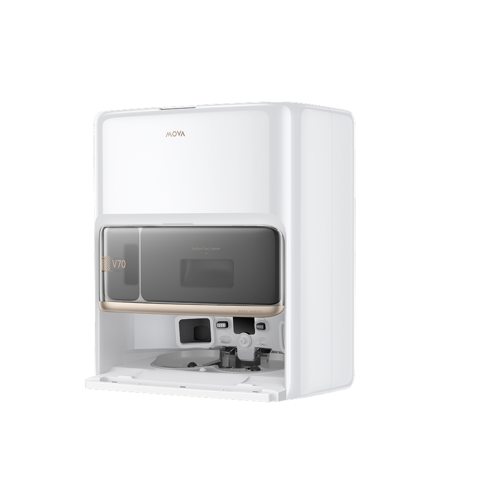 MOVA V70 Pro Ultra Complete X base station in white, doors open to show the water tanks and dust bag