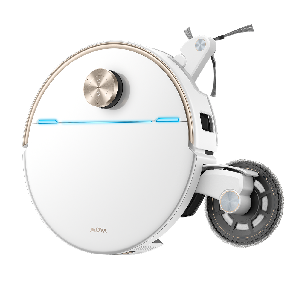 Top view of the white MOVA V70 Pro Ultra Complete X robot vacuum with gold LiDAR turret and side brush