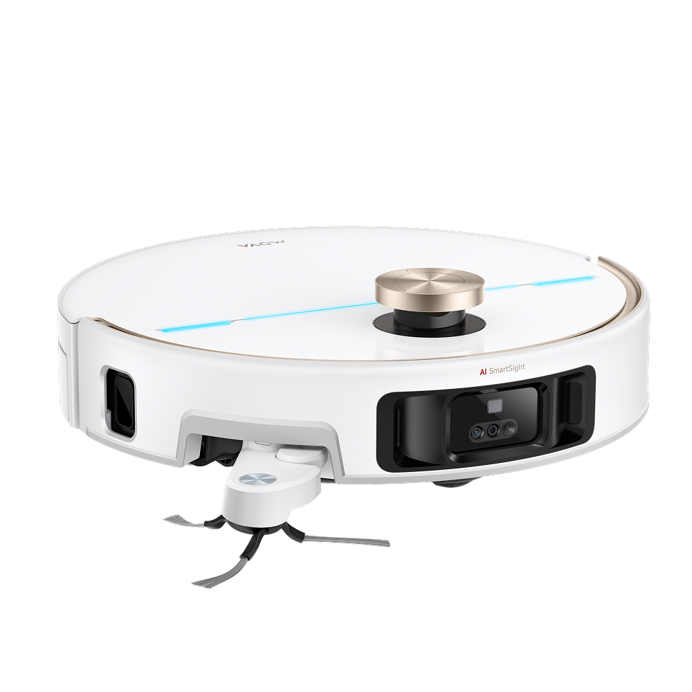 Underside of the MOVA V70 Pro Ultra Complete X robot with anti-tangle brush and twin spinning mop pads