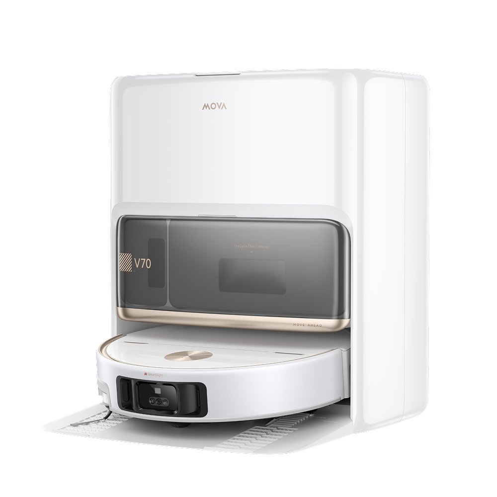 Front view of the MOVA V70 Pro Ultra Complete X dock, labelled V70, with the robot parked on its ramp