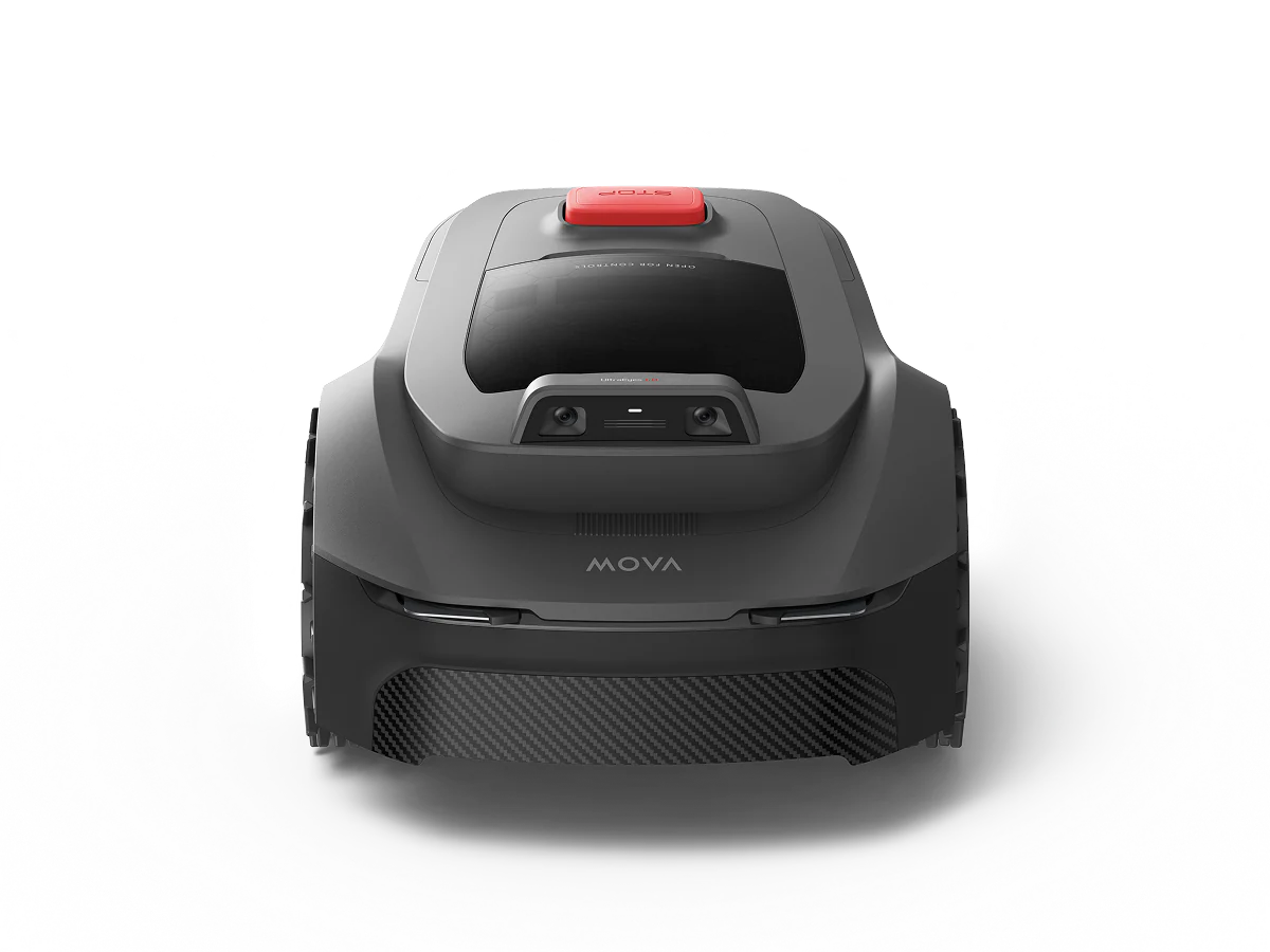 Front view of the MOVA ViAX 300 robot lawn mower in dark grey with its red stop button on top