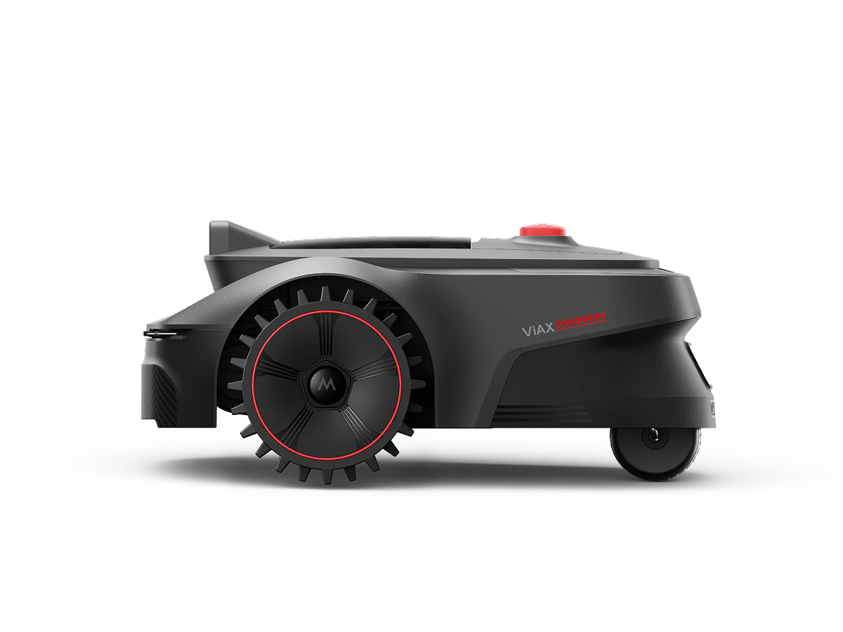 Side profile of the MOVA ViAX 300 robot lawn mower with its deep-tread red-trimmed drive wheel