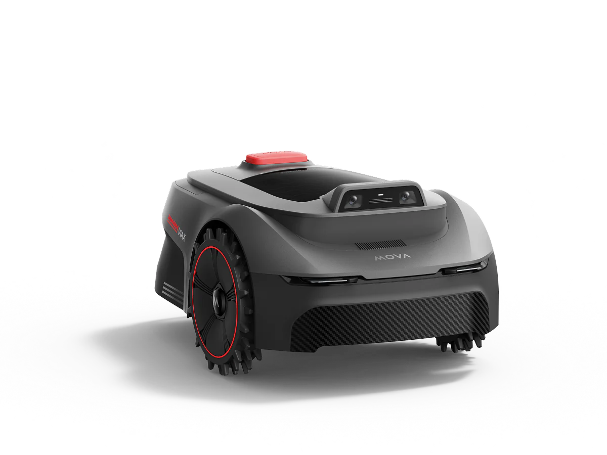 Rear three-quarter view of the MOVA ViAX 300 robot mower, showing its rear castor and vented body
