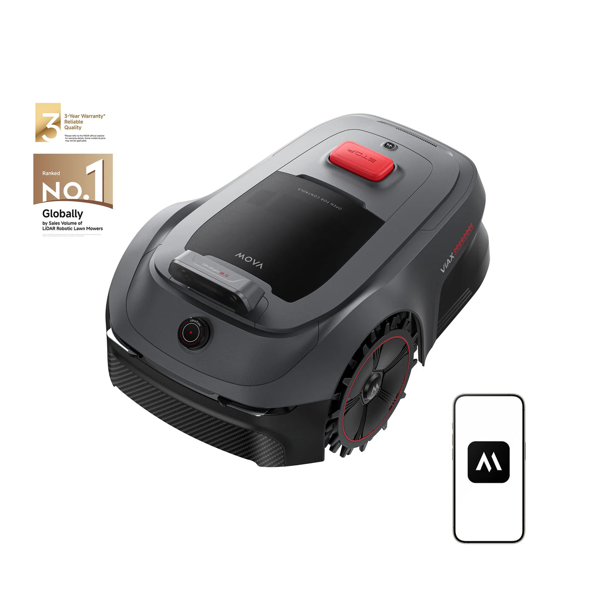 MOVA ViAX 500 robot lawn mower shown with award badges and the MOVA app displayed on a phone