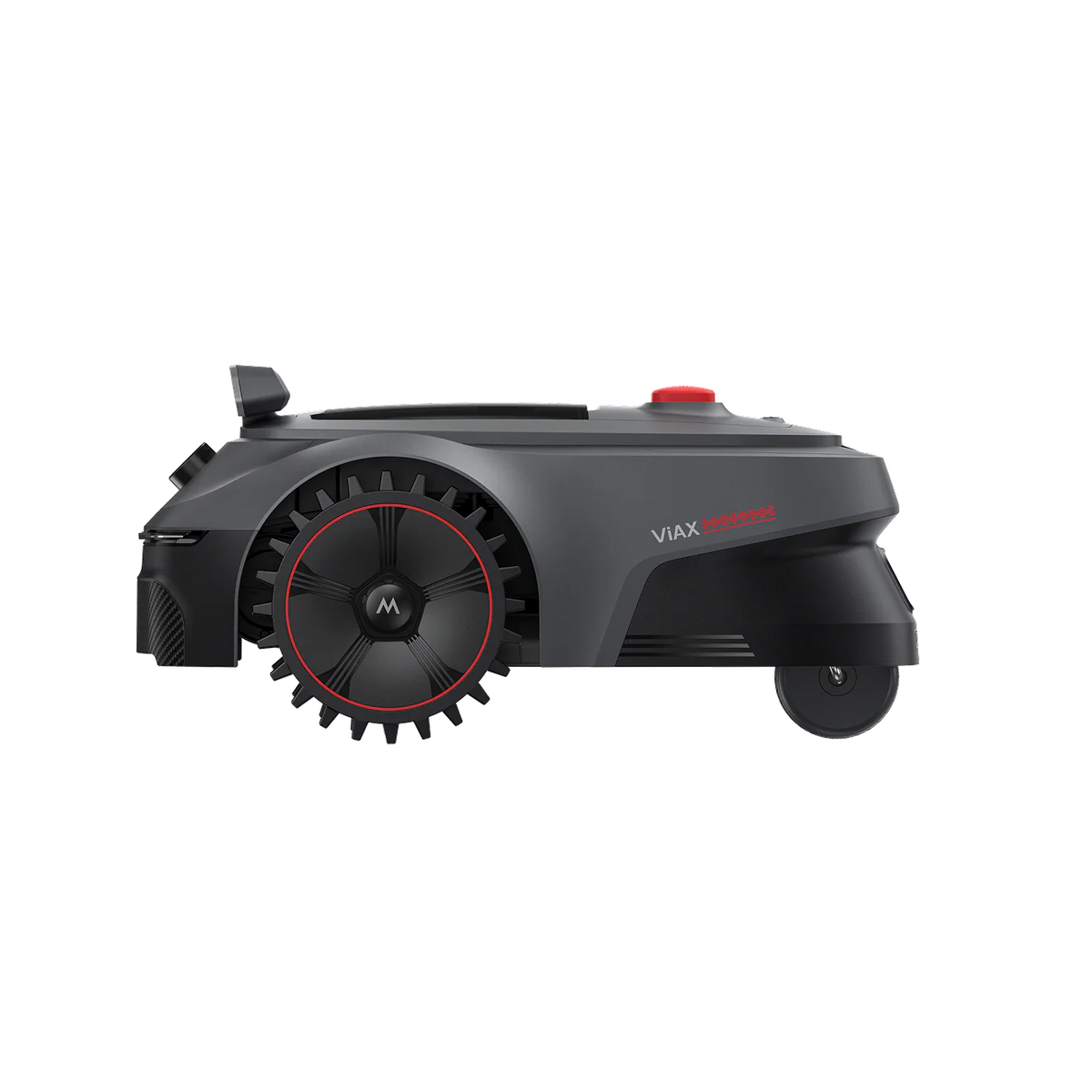 Side profile of the MOVA ViAX 500 robot lawn mower showing its front castor and treaded rear wheel