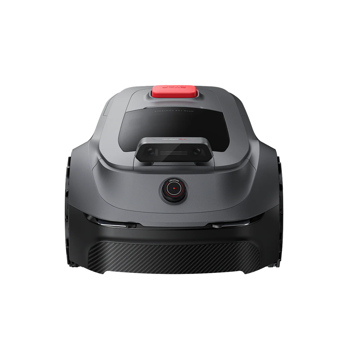 Front view of the MOVA ViAX 500 robot lawn mower with its round camera sensor and red top button