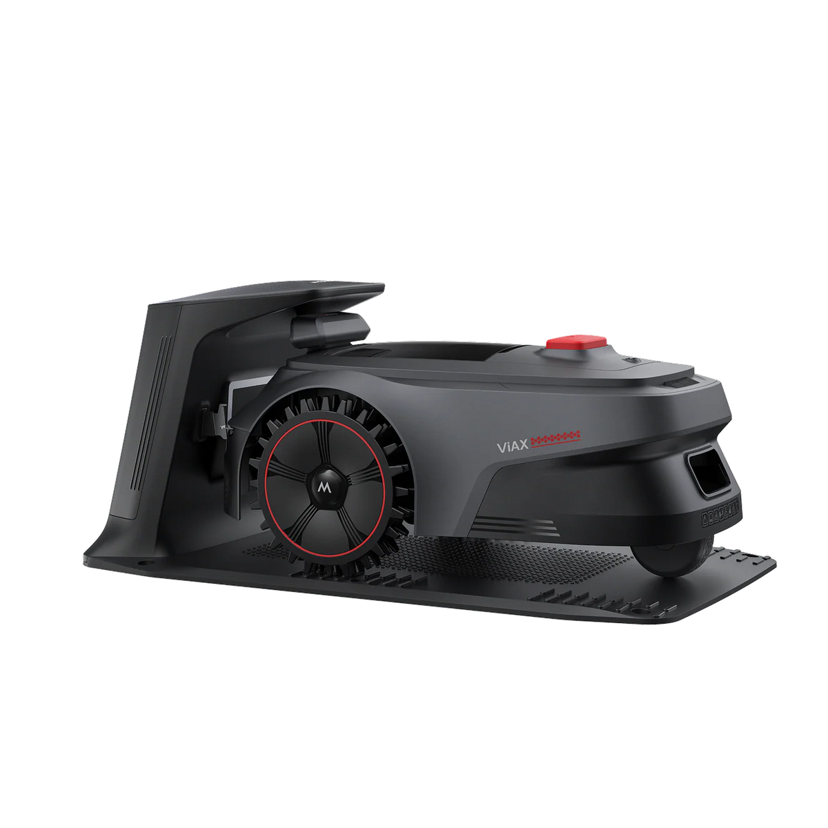 MOVA ViAX 500 robot lawn mower reversing onto its low charging base station, seen from the right
